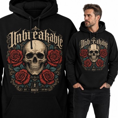 Bluza męska z kapturem - czaszka w czerwonych różach i gotycki napis „Unbreakable”
