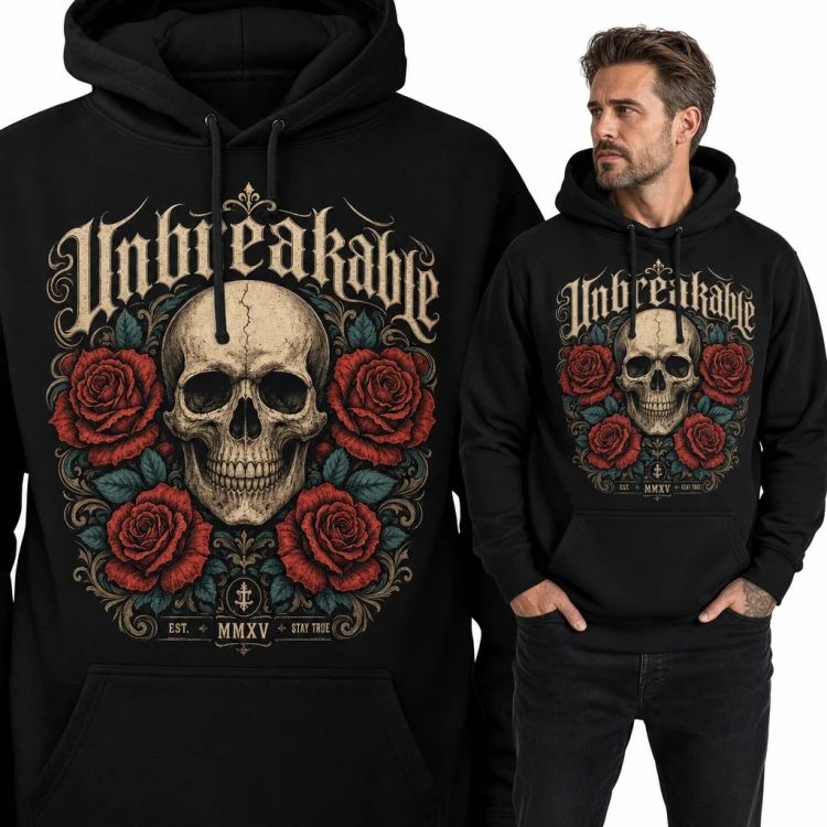 Bluza męska z kapturem - czaszka w czerwonych różach i gotycki napis „Unbreakable”