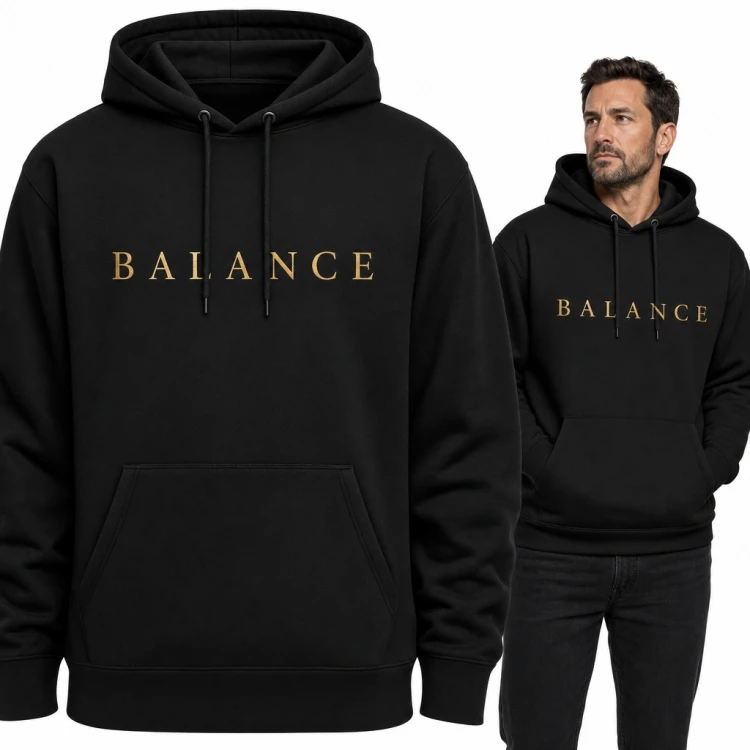 Bluza męska z kapturem - minimalistyczny złoty napis „Balance”