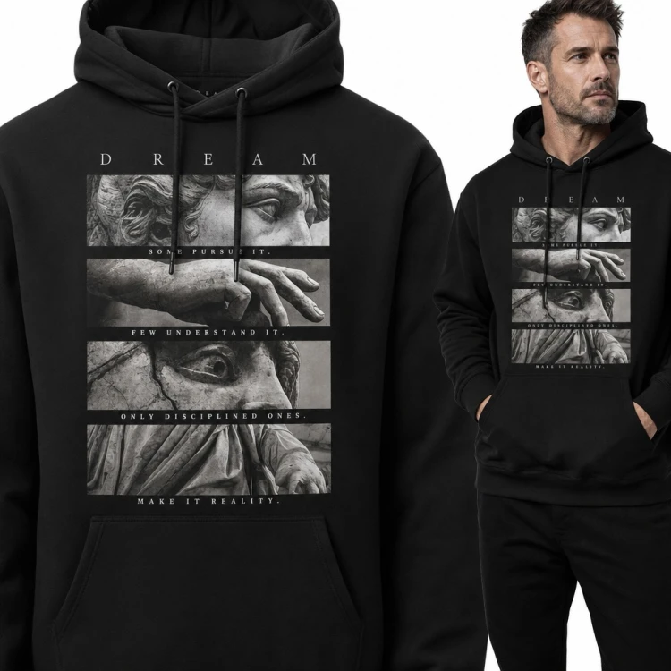 Bluza męska z kapturem - „Dream” z antycznymi rzeźbami i motywacyjnym hasłem
