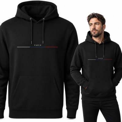 Bluza męska z kapturem - minimalistyczny napis „Paris” z linią w barwach Francji