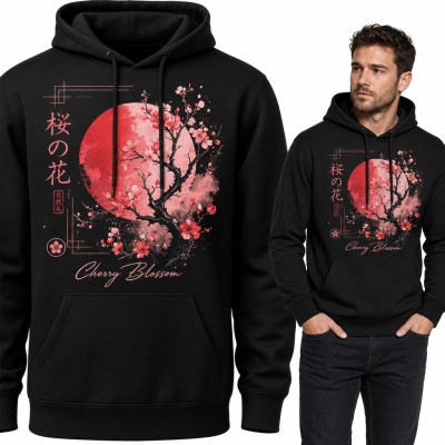 Bluza męska z kapturem - sakura i czerwone słońce „Cherry Blossom” w stylu japońskim