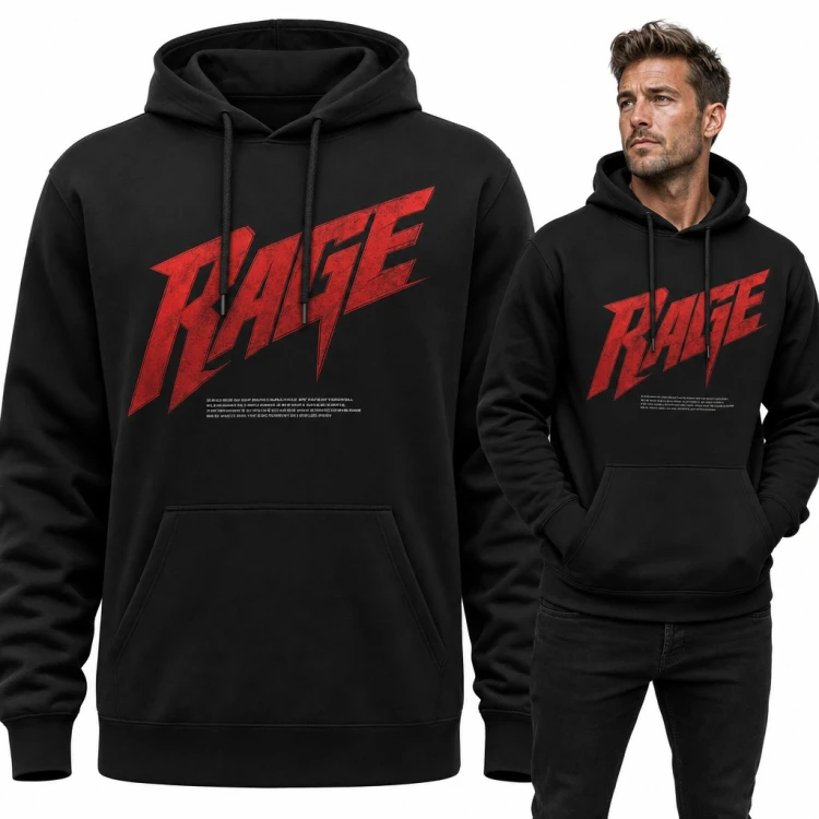 Bluza męska z kapturem - czerwony napis „Rage” w stylu metalowym