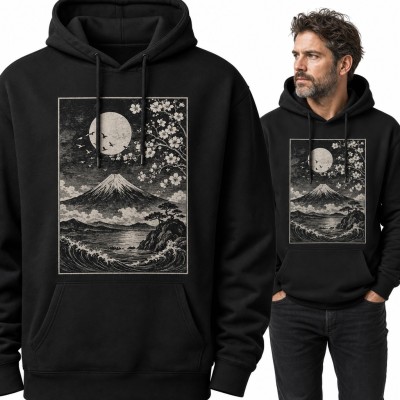 Bluza męska z kapturem - góra Fuji i kwitnąca sakura w stylu japońskiego drzeworytu