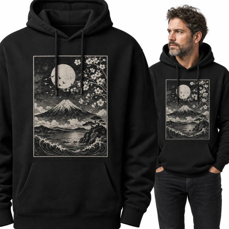 Bluza męska z kapturem - góra Fuji i kwitnąca sakura w stylu japońskiego drzeworytu