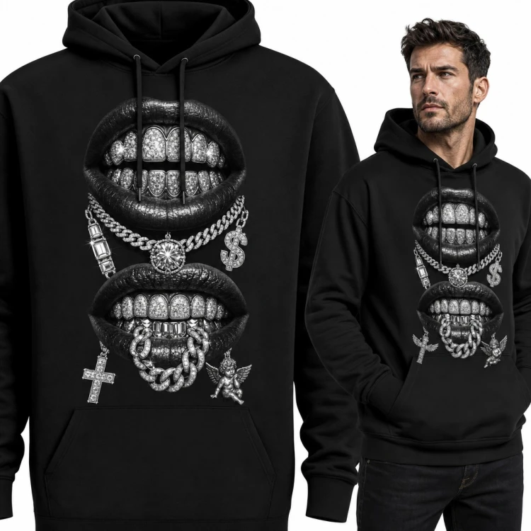 Bluza męska z kapturem - usta z diamentowymi grillzami i łańcuchem hip-hop