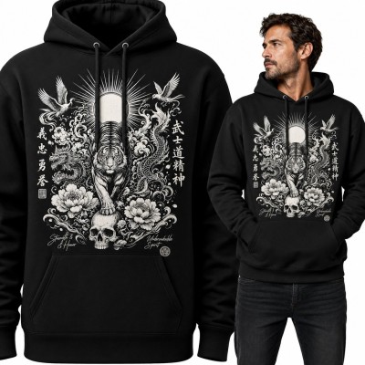 Bluza męska z kapturem - tygrys z czaszką i smokami „武士道精神” w stylu japońskim