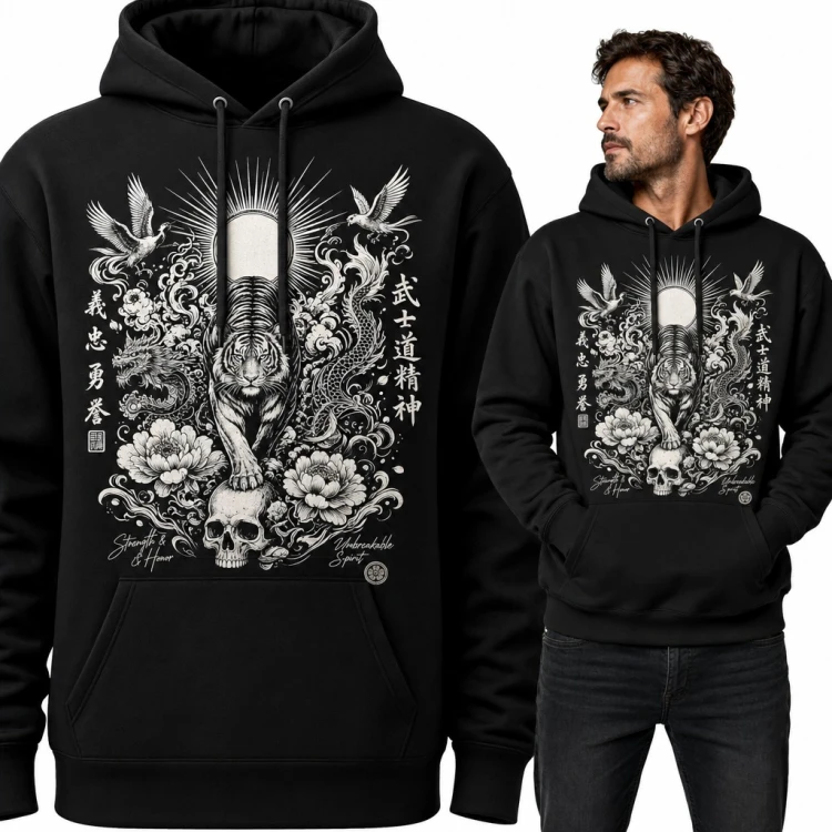 Bluza męska z kapturem - tygrys z czaszką i smokami „武士道精神” w stylu japońskim