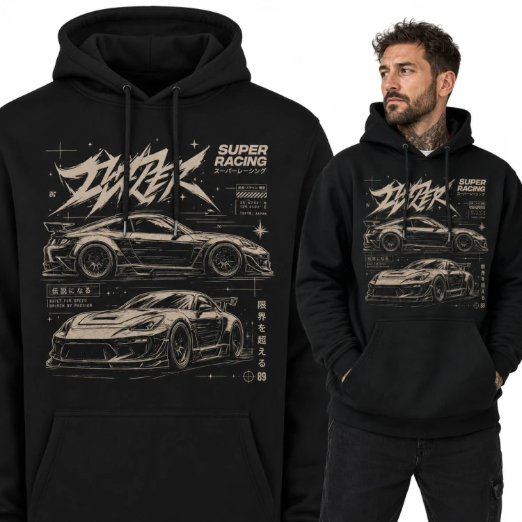 Bluza męska z kapturem - auta JDM z Tokio „Super Racing”