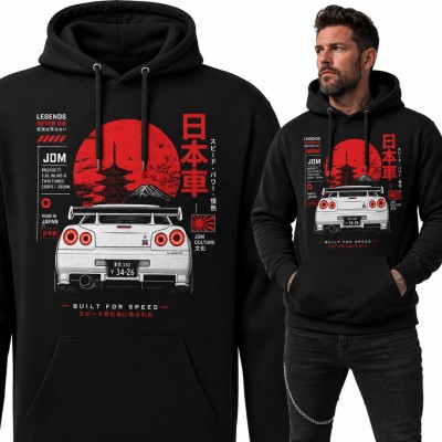 Bluza męska z kapturem - JDM „Built for speed” z japońskim autem sportowym i górą Fuji