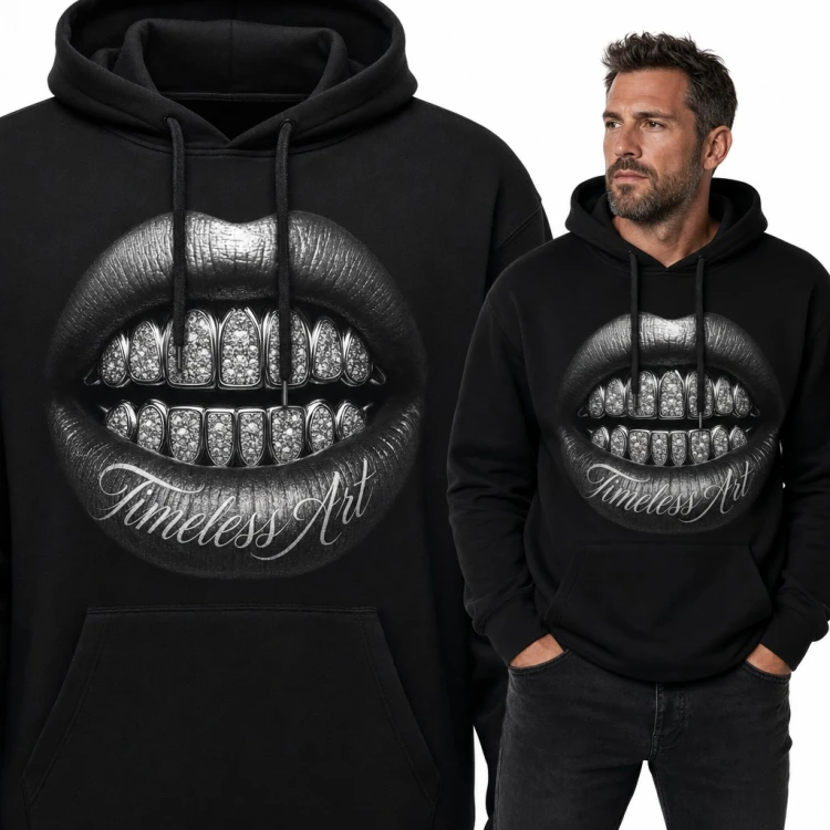 Bluza męska z kapturem - srebrne usta z diamentowym grillzem „Timeless Art”