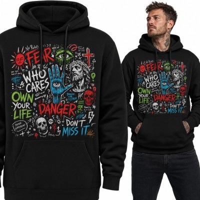 Bluza męska z kapturem - graffiti kolaż z czaszkami, okiem na dłoni i napisami Who Cares