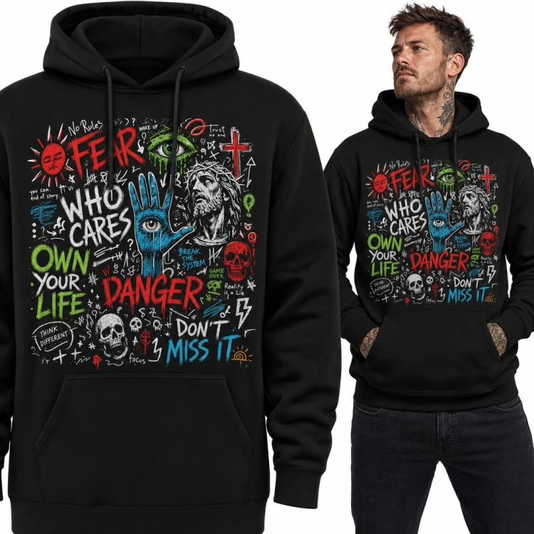 Bluza męska z kapturem - graffiti kolaż z czaszkami, okiem na dłoni i napisami Who Cares