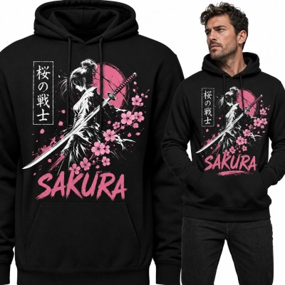 Bluza męska z kapturem - samurajka z kataną wśród kwiatów wiśni „Sakura”