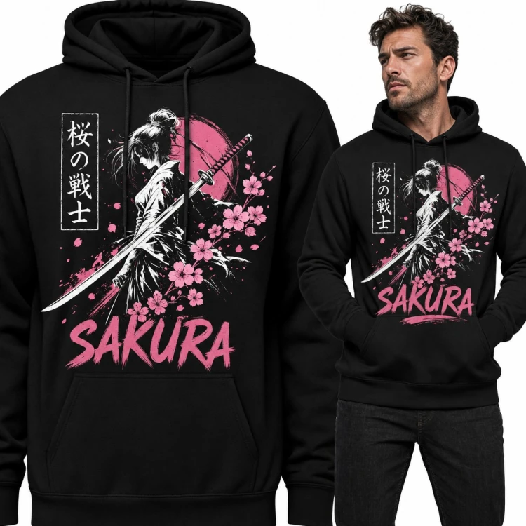 Bluza męska z kapturem - samurajka z kataną wśród kwiatów wiśni „Sakura”