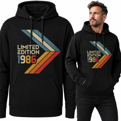 Bluza męska z kapturem na 40 urodziny - „Limited Edition 1986” w retro paskach
