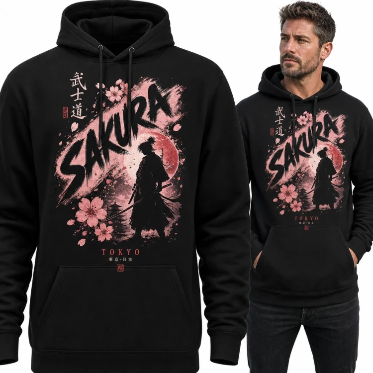 Bluza męska z kapturem - samuraj z kataną i kwiaty wiśni „Sakura”