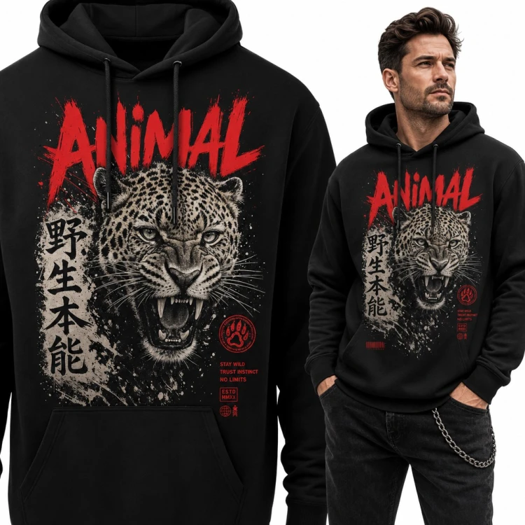 Bluza męska z kapturem „Animal” - ryczący lampart i japońskie znaki