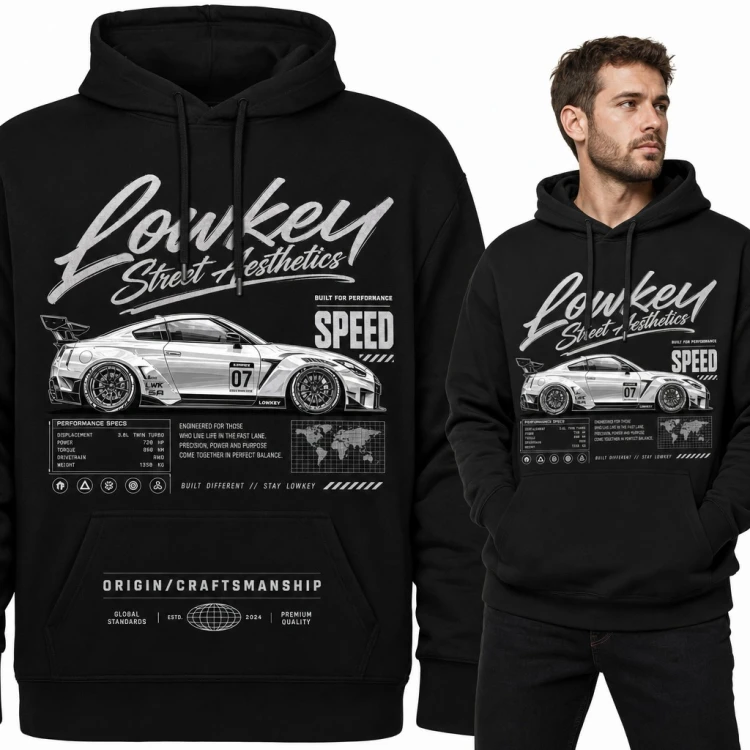 Bluza męska z kapturem - „Lowkey Street Aesthetics” z autem JDM i kartą osiągów