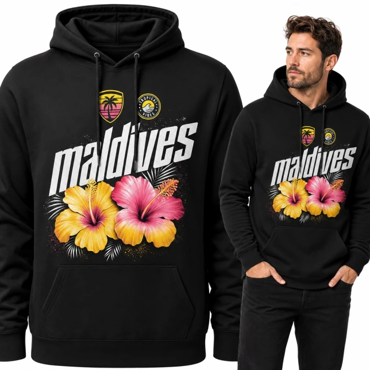 Bluza męska z kapturem „Maldives” - różowy i żółty hibiskus z palmą