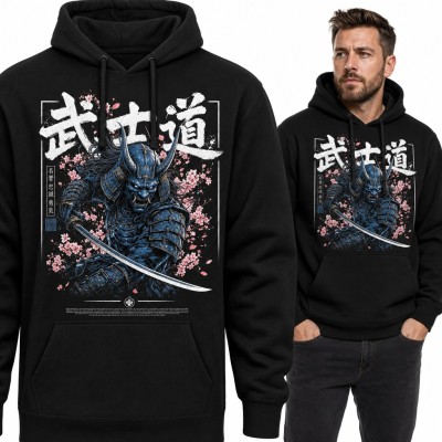 Bluza męska z kapturem - samuraj w masce oni z kataną i sakurą „武士道”