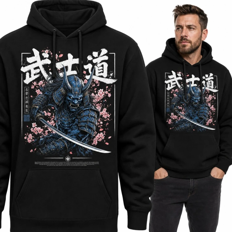 Bluza męska z kapturem - samuraj w masce oni z kataną i sakurą „武士道”