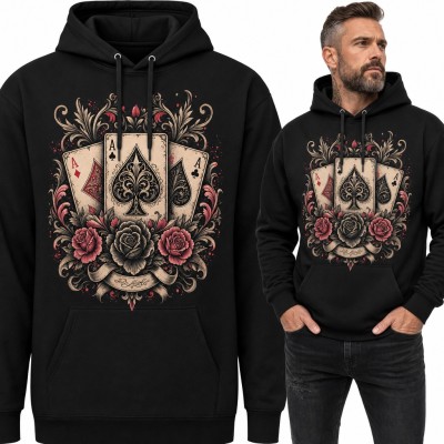 Bluza męska z kapturem - trzy asy z różami w stylu tatuażu dla pokerzysty