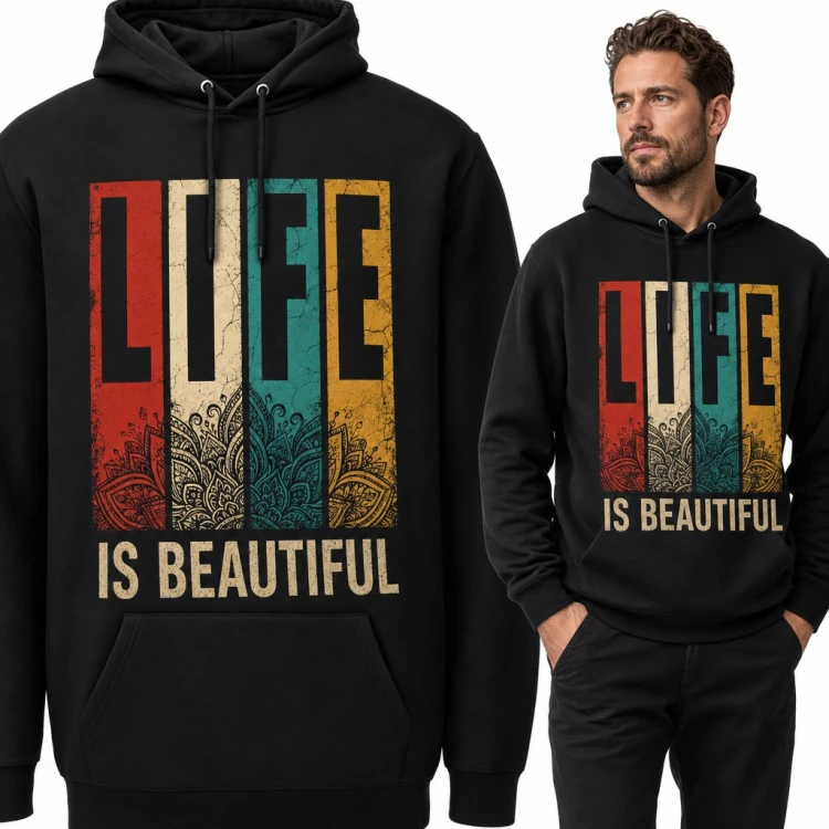Bluza męska z kapturem „Life is beautiful” - retro pasy z mandalą