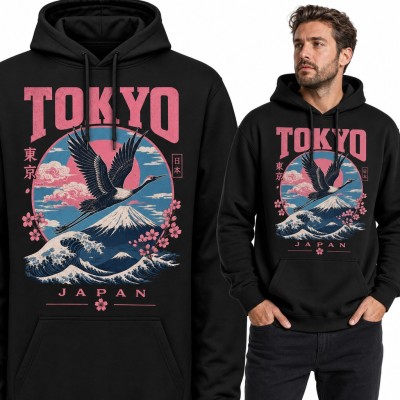 Bluza męska z kapturem „Tokyo Japan” - żuraw nad górą Fuji i wielka fala