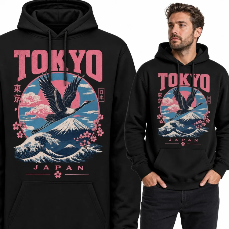 Bluza męska z kapturem „Tokyo Japan” - żuraw nad górą Fuji i wielka fala