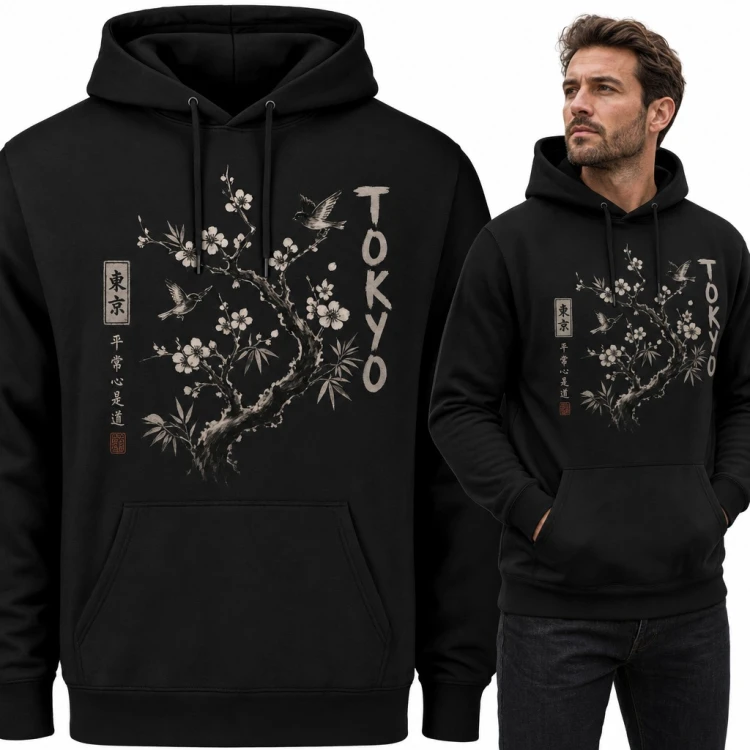 Bluza męska z kapturem - „Tokyo” z gałęzią sakury i ptakami