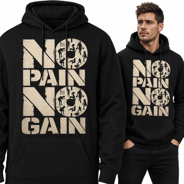 Bluza męska z kapturem - „No pain no gain” z sylwetkami ćwiczących na siłowni