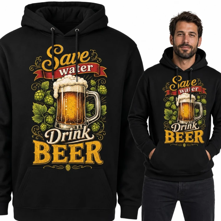 Bluza męska z kapturem „Save water Drink beer” - pienisty kufel w chmielu