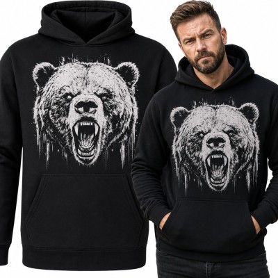 Bluza męska z kapturem - ryczący niedźwiedź grizzly w stylu grunge
