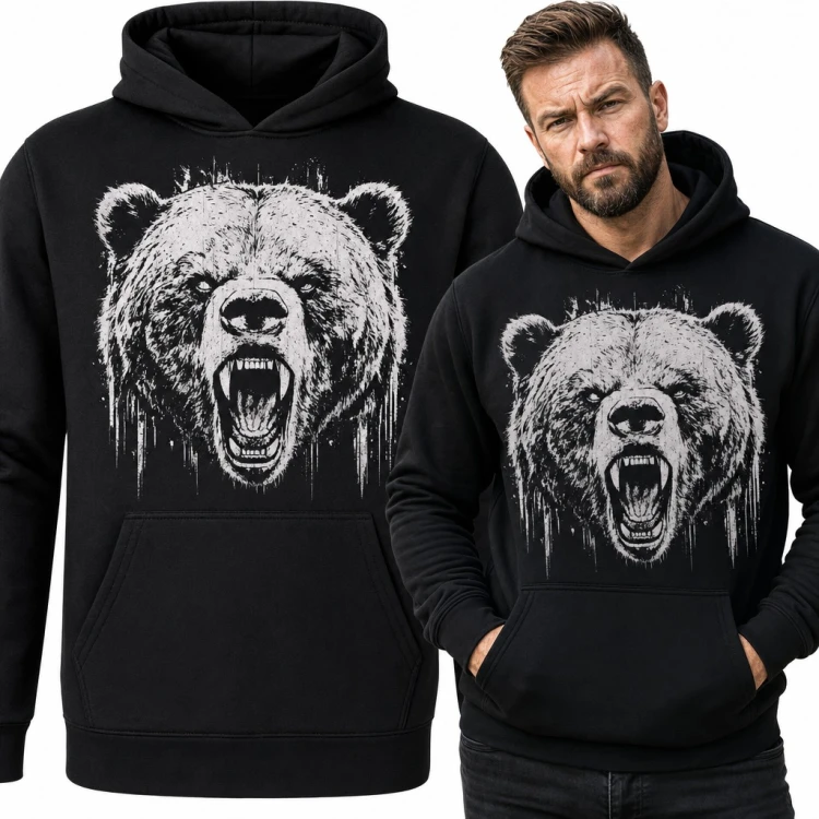 Bluza męska z kapturem - ryczący niedźwiedź grizzly w stylu grunge