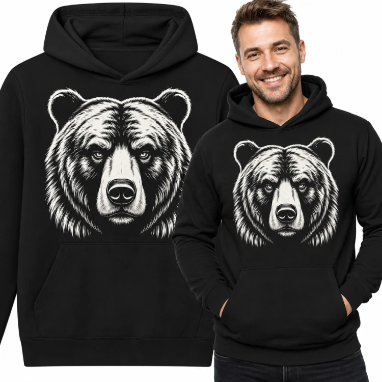 Bluza męska z kapturem - groźny niedźwiedź grizzly patrzący na wprost