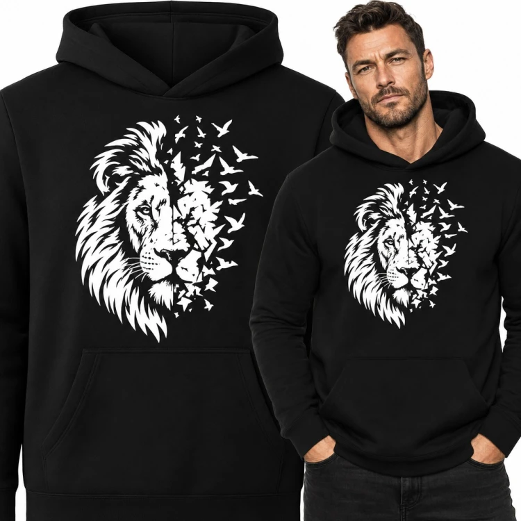 Bluza męska z kapturem - głowa lwa rozpadająca się w lecące ptaki