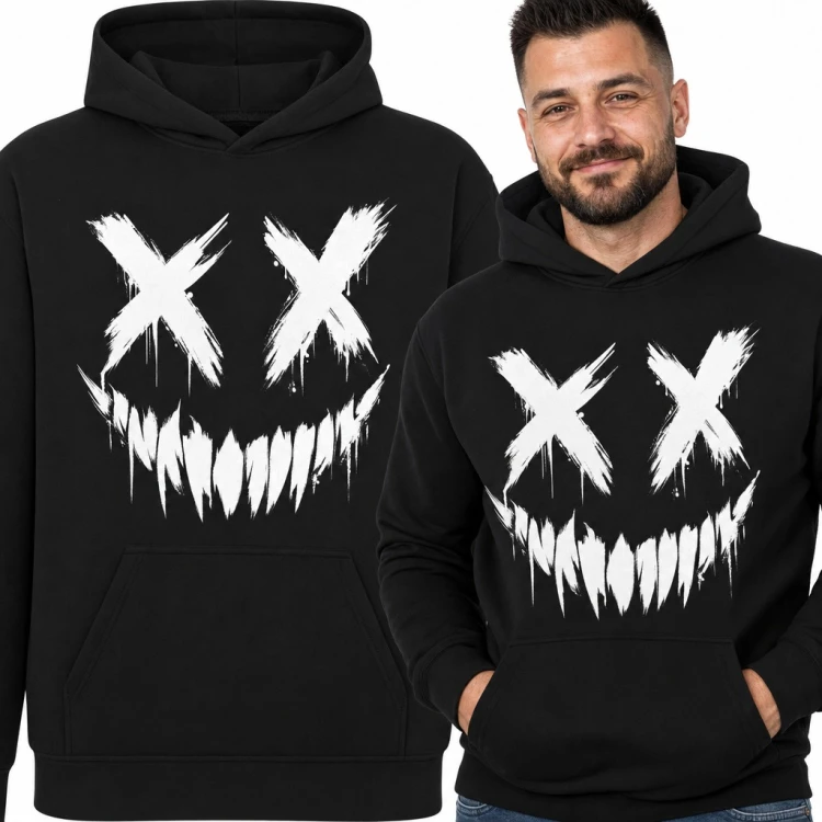 Bluza męska z kapturem - mroczny uśmiech z oczami X i ostrymi zębami