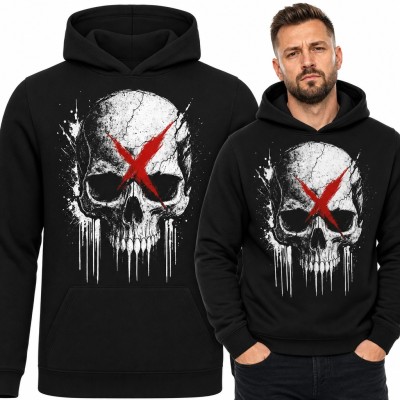 Bluza męska z kapturem - popękana czaszka z czerwonym znakiem X w stylu grunge