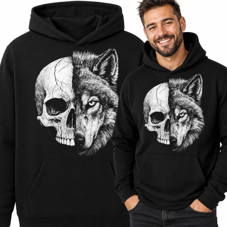 Bluza męska z kapturem - pół czaszka, pół wilk