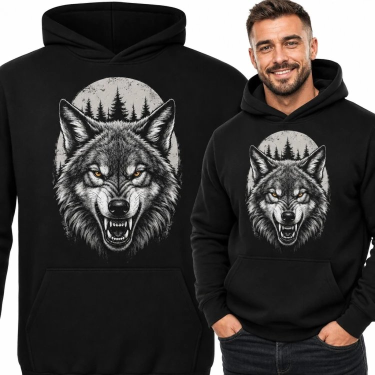 Bluza męska z kapturem - warczący wilk na tle księżyca i lasu
