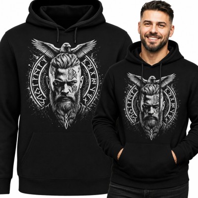 Bluza męska z kapturem - wiking z brodą i krąg run nordyckich