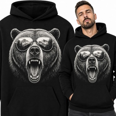 Bluza męska z kapturem - ryczący grizzly w okularach pilotkach z odbiciem gór