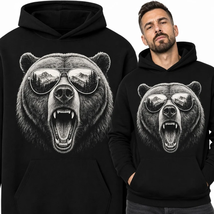 Bluza męska z kapturem - ryczący grizzly w okularach pilotkach z odbiciem gór