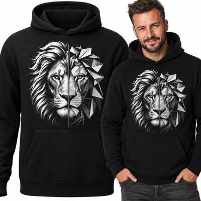 Bluza męska z kapturem - lew pół realistyczny, pół geometryczny low poly