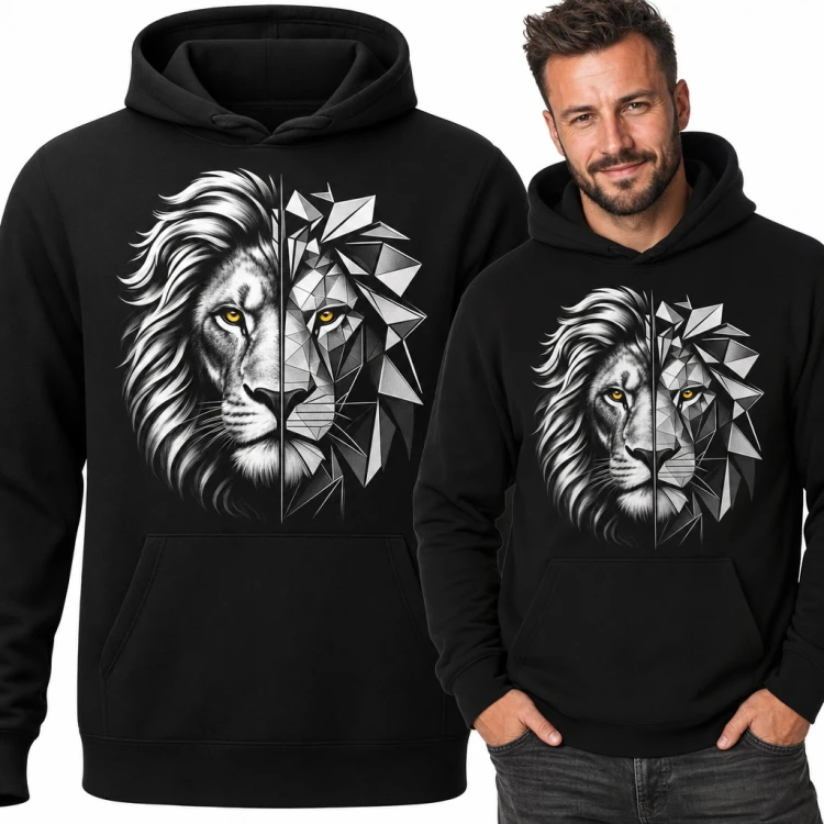 Bluza męska z kapturem - lew pół realistyczny, pół geometryczny low poly
