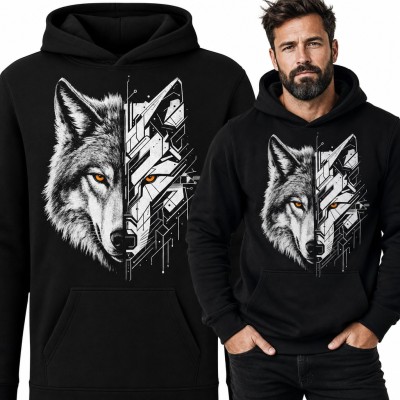 Bluza męska z kapturem - wilk pół cyborg z obwodami cyberpunk