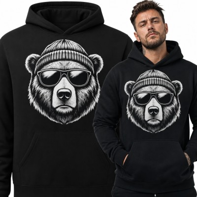 Bluza męska z kapturem - niedźwiedź w czapce beanie i okularach przeciwsłonecznych
