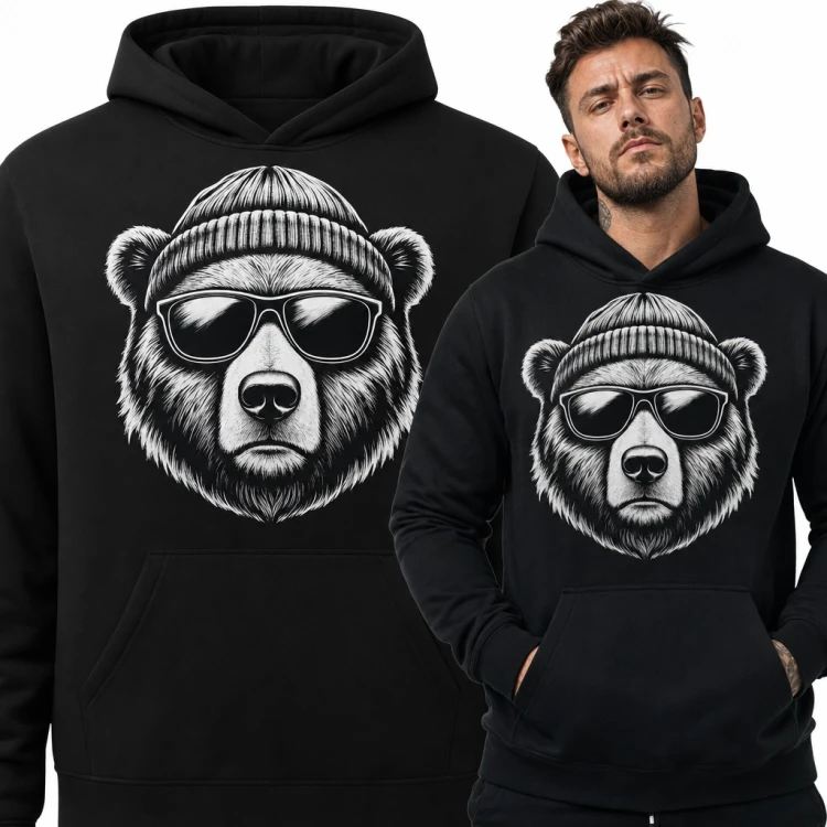 Bluza męska z kapturem - niedźwiedź w czapce beanie i okularach przeciwsłonecznych