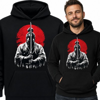 Bluza męska z kapturem - samuraj z kataną na tle czerwonego słońca